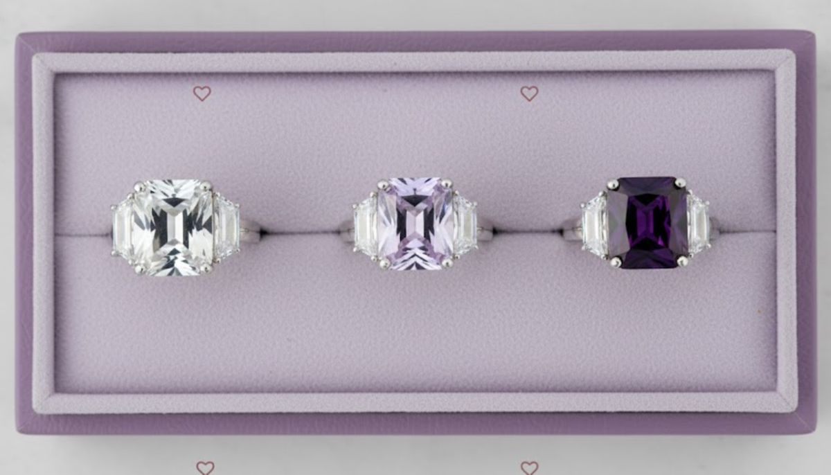3 Ceri Jewelry Wholesale fashion rings in sterling silver in a small purple leatherette ring tray