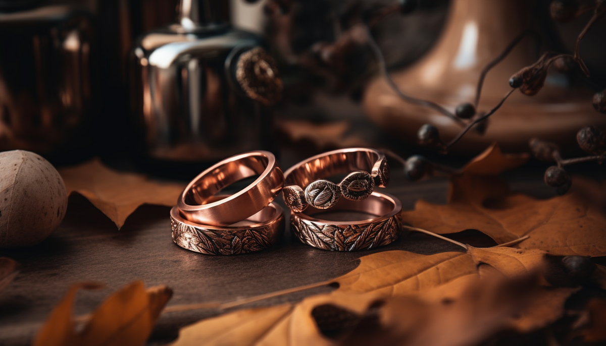 4 rose gold plated fashion rings on a table surrounded by orange leaves