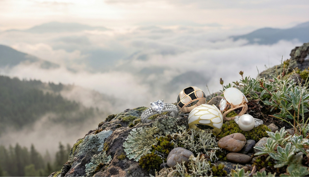 Ceri Jewelry Wholesale Fashion Rings perfect for the Cloud Dancer aesthetic on a cliff overlooking some clouds