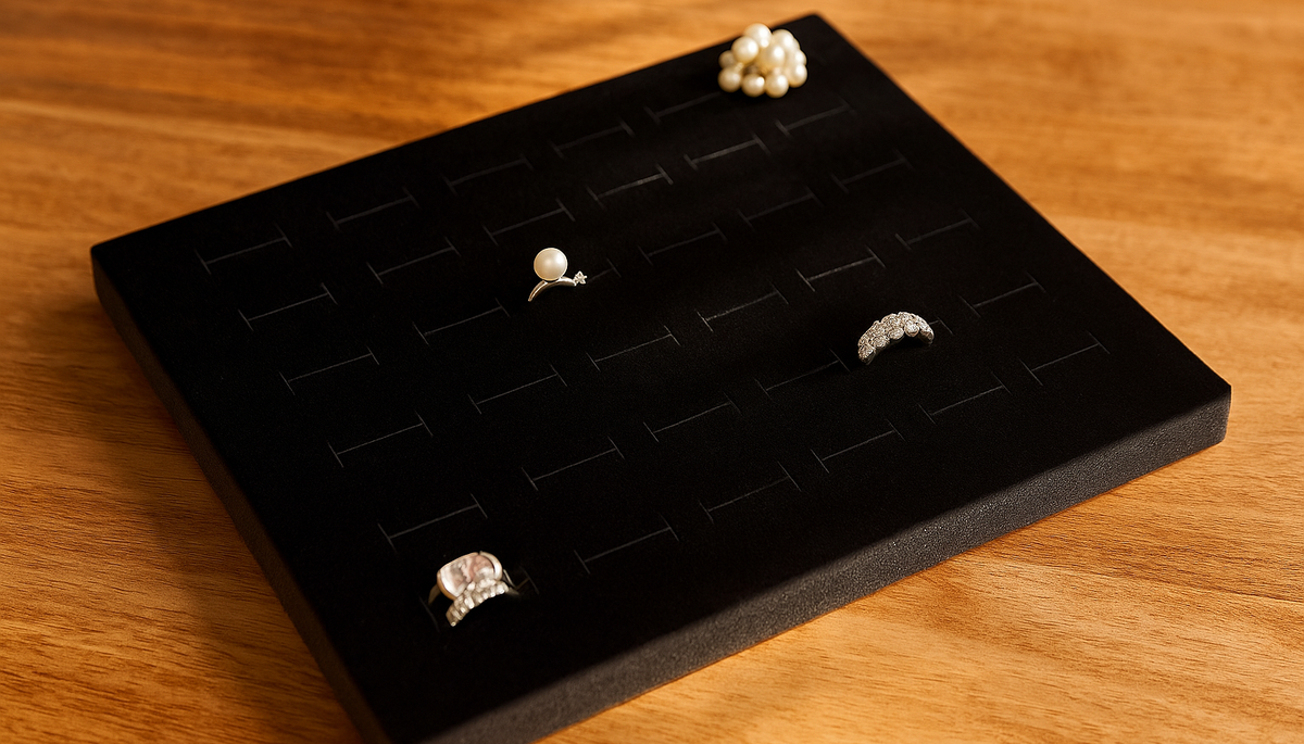 Ceri Jewelry ring starter kit with 36 rings on a wooden table