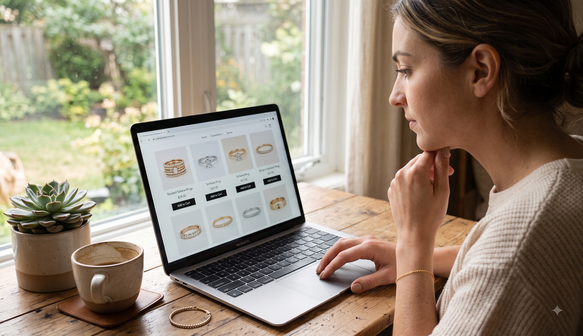 woman on her laptop in front ofa window shopping fro fashion rings online
