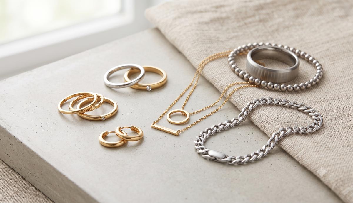 close up shot of everyday wearable fashion jewelry on a table