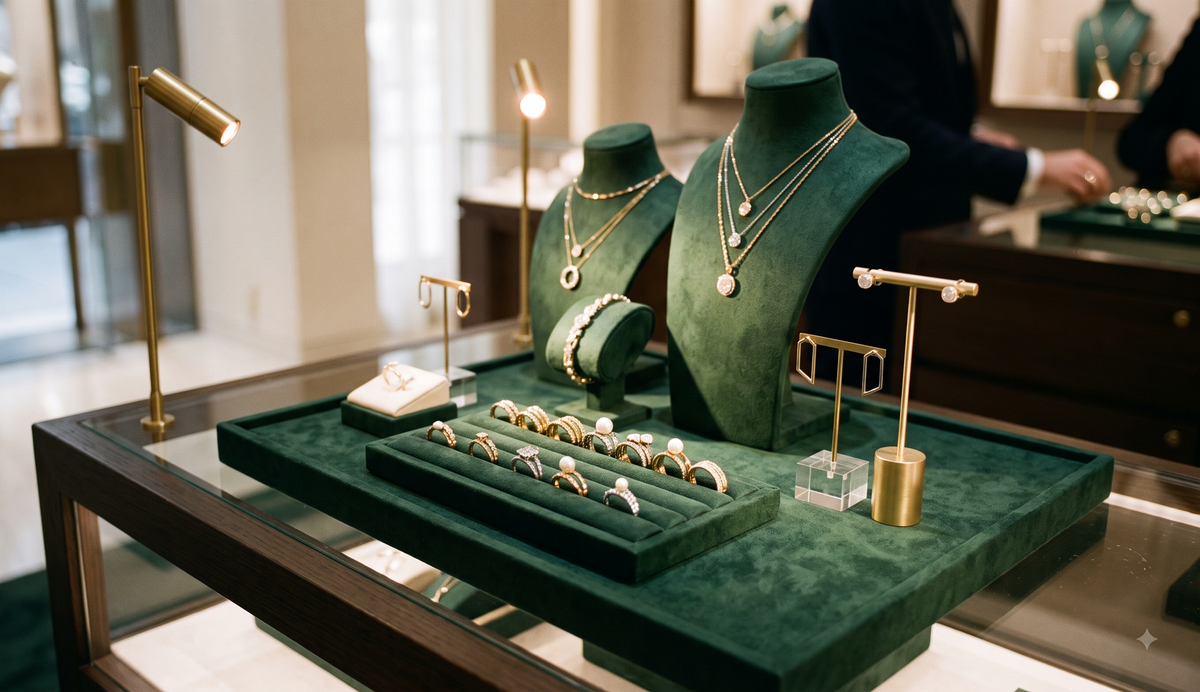 fashion jewelry pieces displayed in green jewelry displays in a jewelry shop