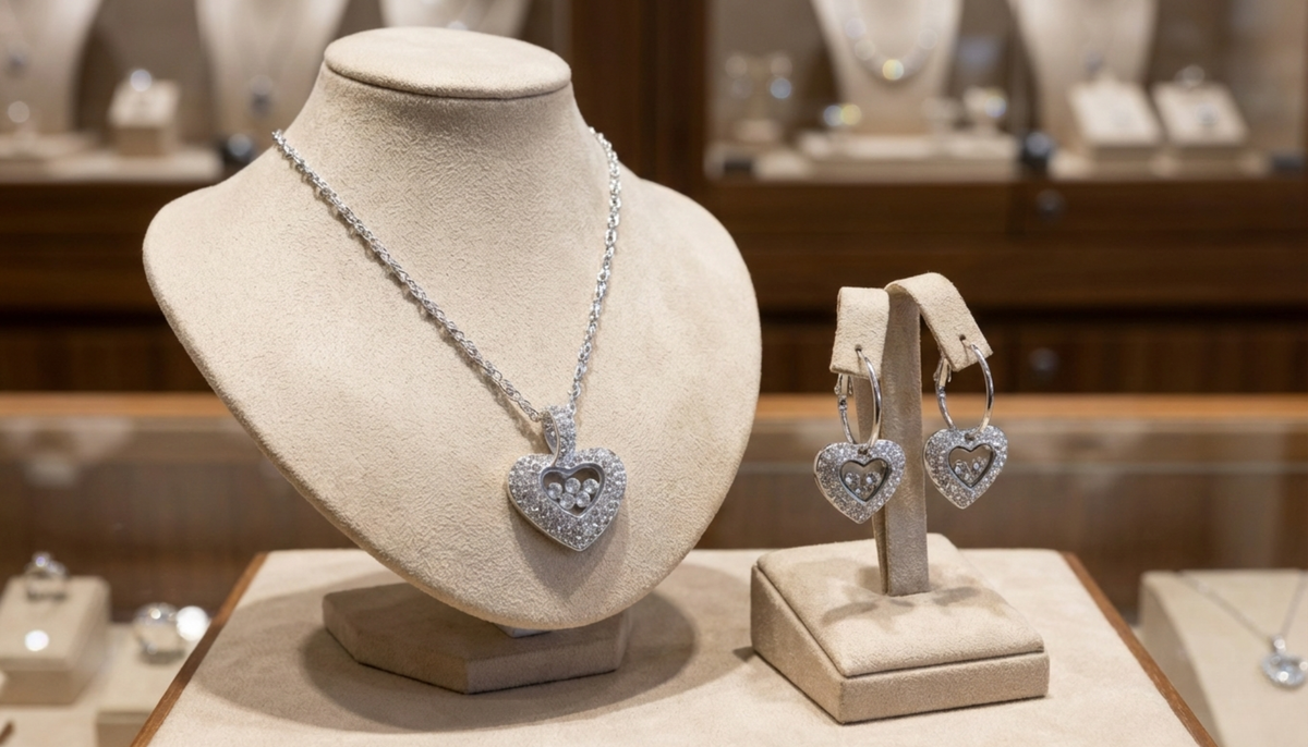 N7104 Rhodium Swarovski Elements Heart Box Necklace Crystal on a beige necklace bust and E7104 Rhodium Swarovski Elements Heart Box Earrings on an earring stand in a jewelry shop