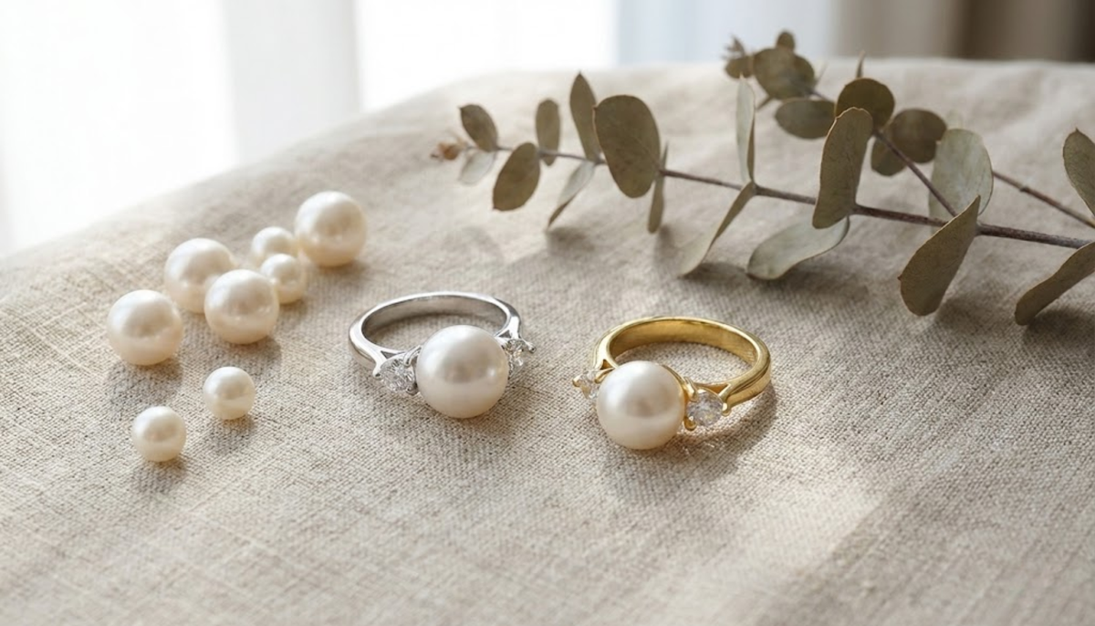 Two Ceri Jewelry Wholesale Fashion Rings with pearl accents on a gray fabric with natural lighting