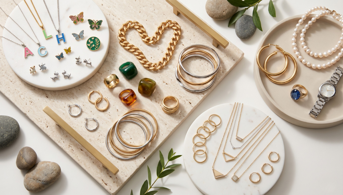 a flatlay image of different types of fashion jewelry for different tyeps of age groups