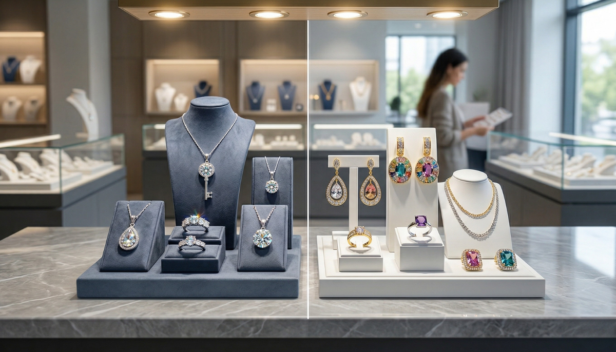 a split image style photo with moisannite jewelry on display on the left and cz fashion jewelry on display on the right both of which are in a jewelry shop