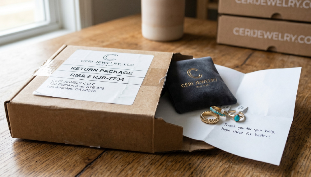 an opened return package box from Ceri Jewelry showing some rings and a note