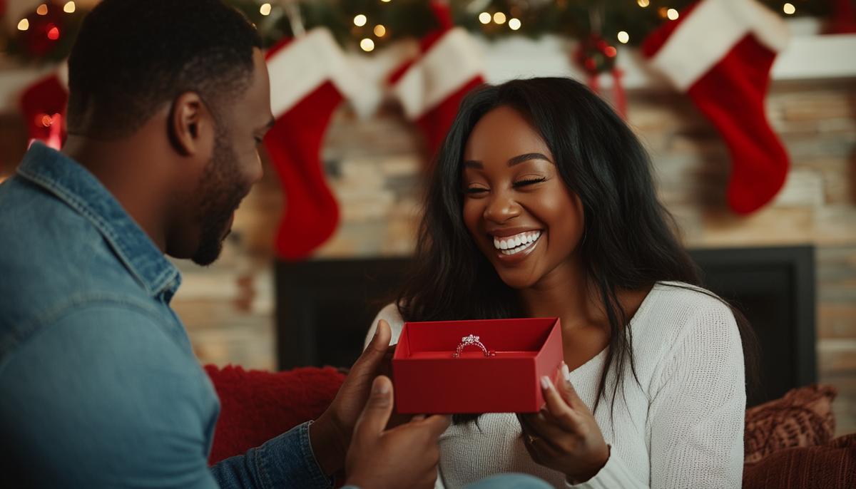 beautiful black woman receiving a ring in an open red gift box and behind them is a fireplace with christmas stockings