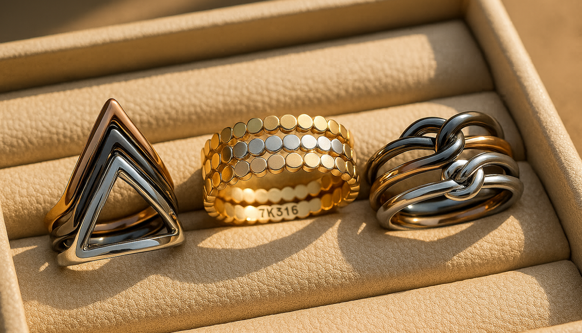 beige leatherette tray with three stackable sets of wholesale fashion rings from Ceri Jewelry