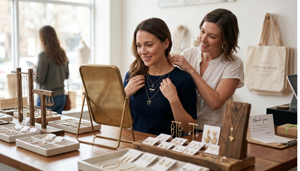 boutique staff helping a customer try on a necklace inside her jewelry store