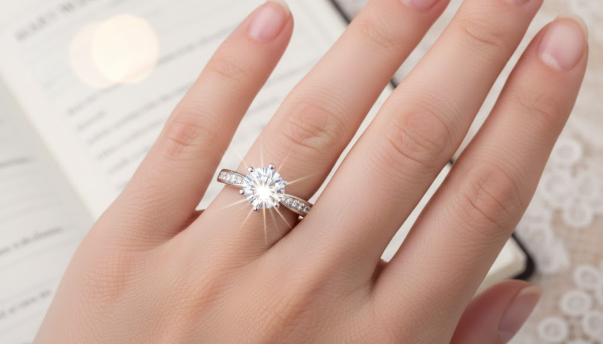 close up photo of a female's left hand wearing a pave fashion ring