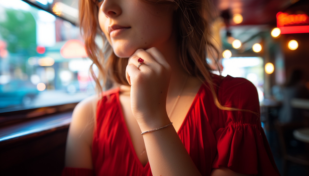 close up shot hand wearing a ruby crystal fashion ring