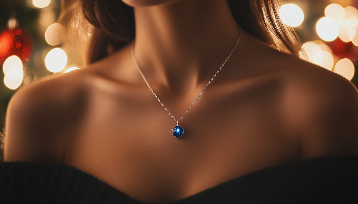 close up shot of a woman's neck wearing a Sapphire Rhodium Swarovski Round Dot Pendant Necklace