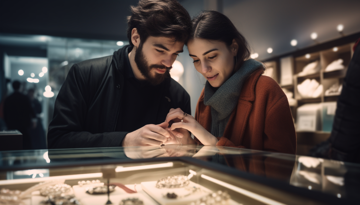 couple shopping for heart-designed rings in a small jewelry store
