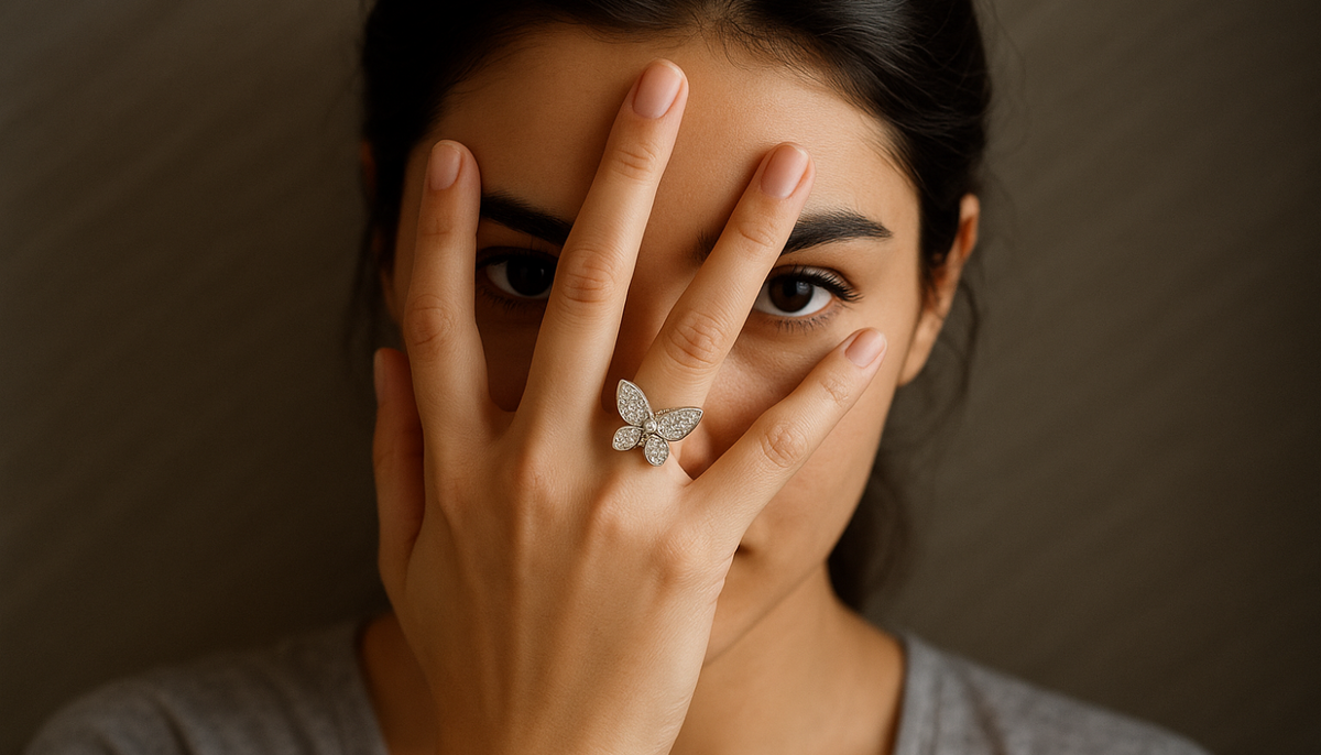 dark haired influencer wearnig a gray shirt with her hand on her face wearing the CJ365 Wholesale Women's Stainless Steel with Clear AAA Grade CZ Butterfly Ring