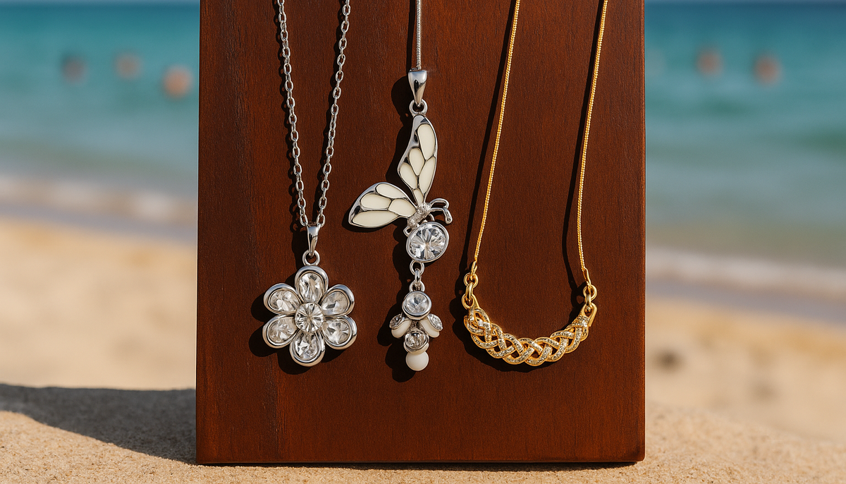 dark mahogany wood necklace display on the beach with three Swarovski Elements necklaces displayed