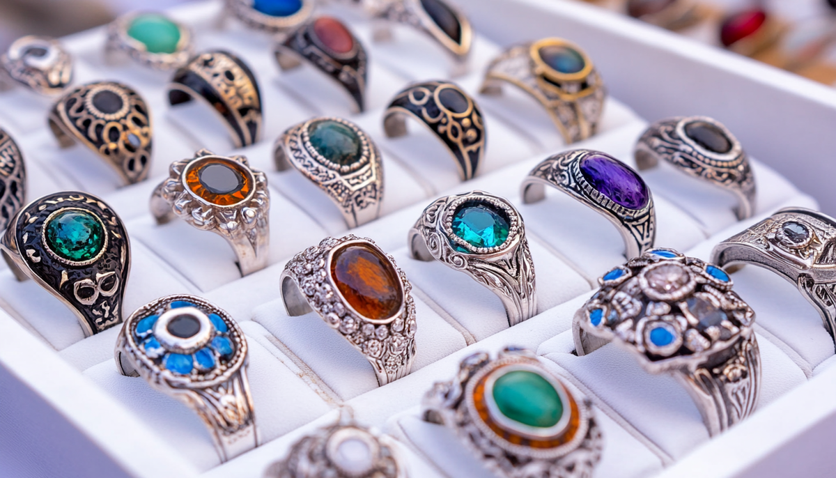 display of fashion rings with colorful stones, arranged in an open white box on a table at a street market