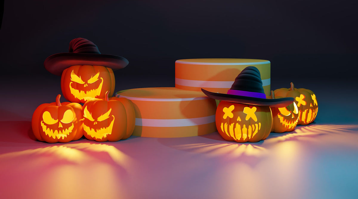 orange halloween decors including illuminated carved pumpkins