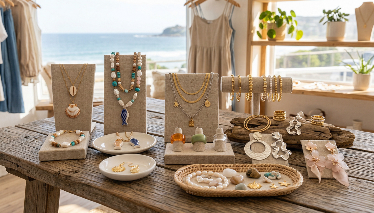 fashion jewelry on display on a wooden table in a beachside retail store