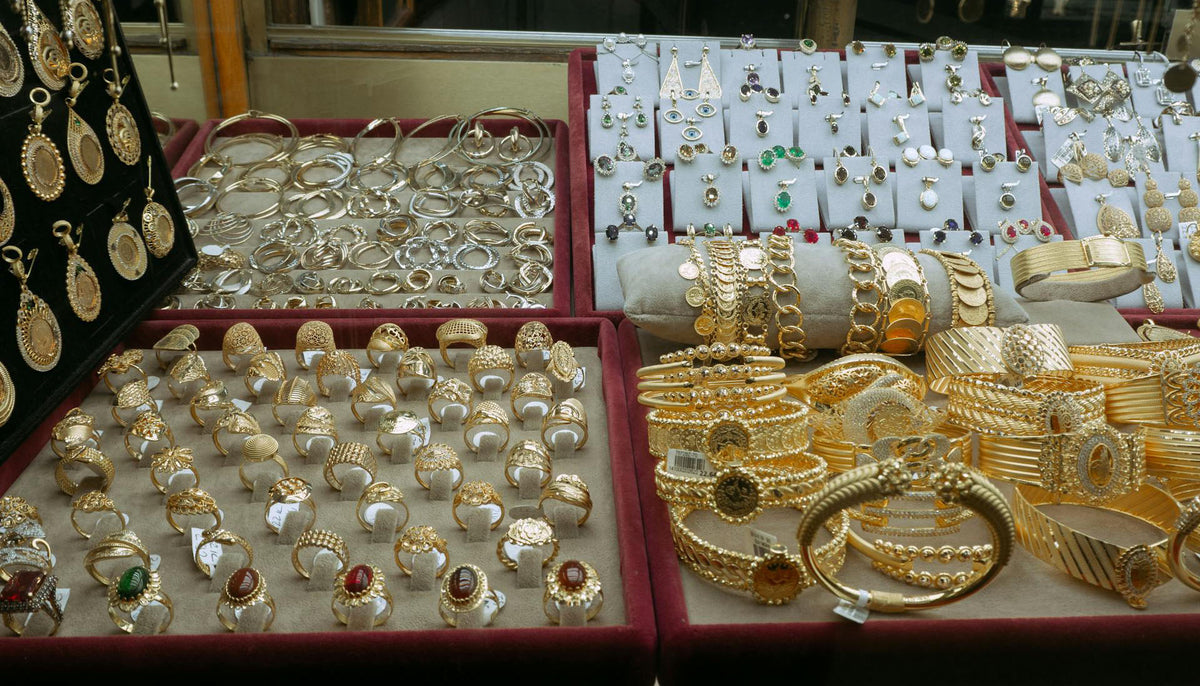 fashion jewelry with price tags on display