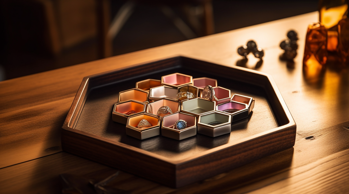 fashion ring starter kit in a wooden hexagon ring tray on a wooden table