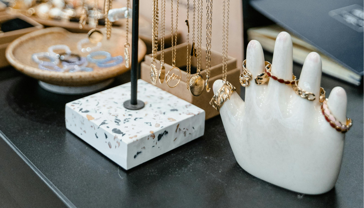 fashion rings and other pieces on display