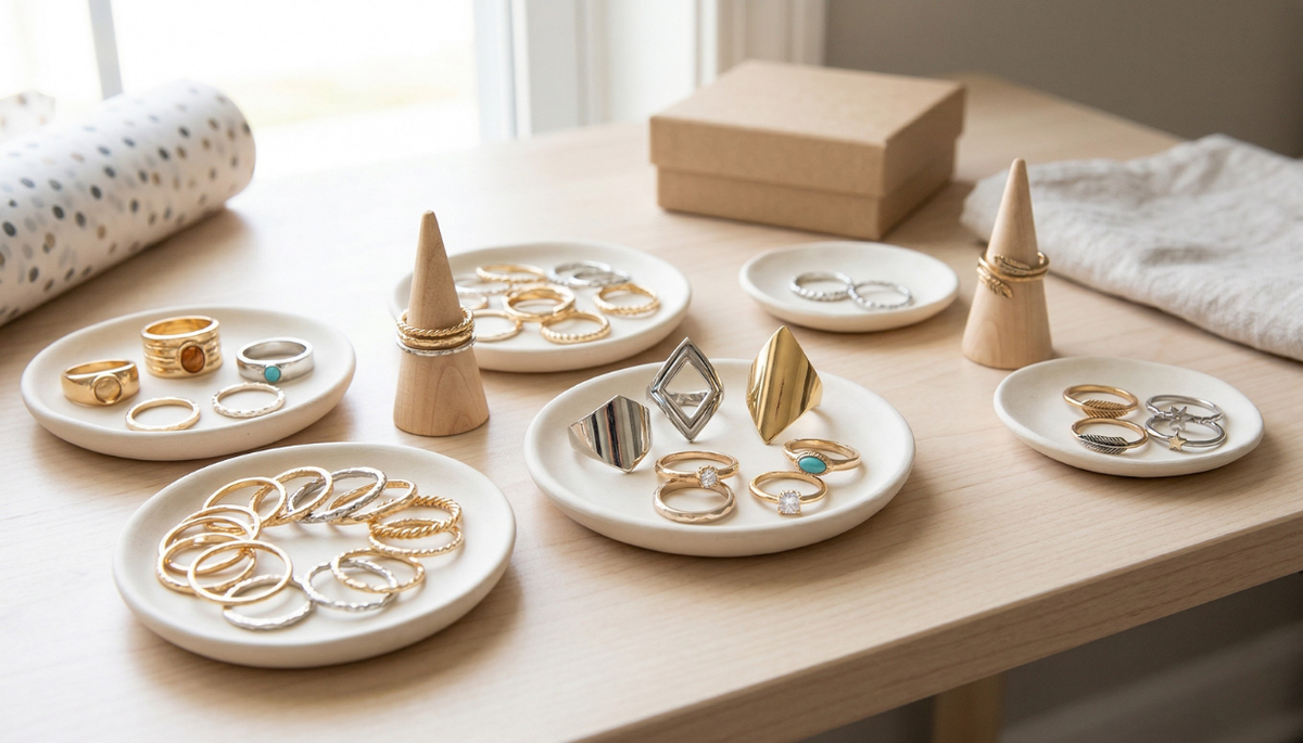 fashion rings on display on ring plates and ring stands on a wooden table