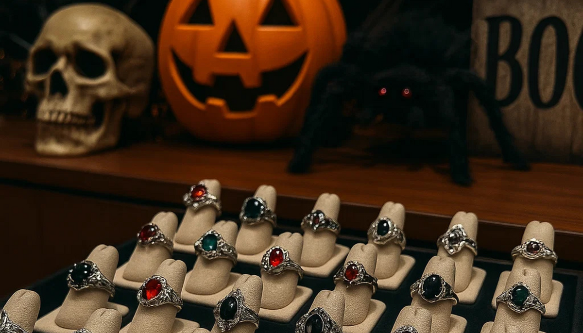 fashion rings on display with halloween decors in the background