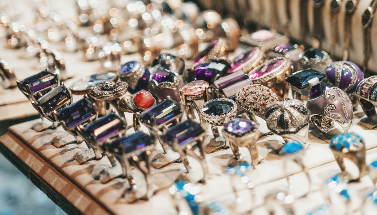 fashion rings on display in a jewelry bazaar