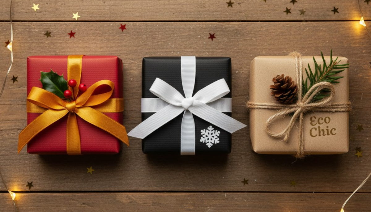 flat lay or neatly arranged 3 different wrapped jewelry boxes each showcasing a distinct style -- Classic Holiday, Modern Minimalist, and Eco Chic
