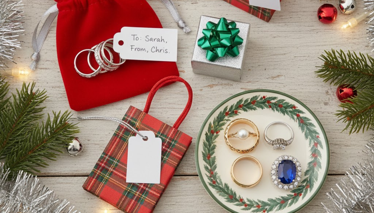 flatlay of fashion rings, gift packaging, and christmas decor on a white wooden surface