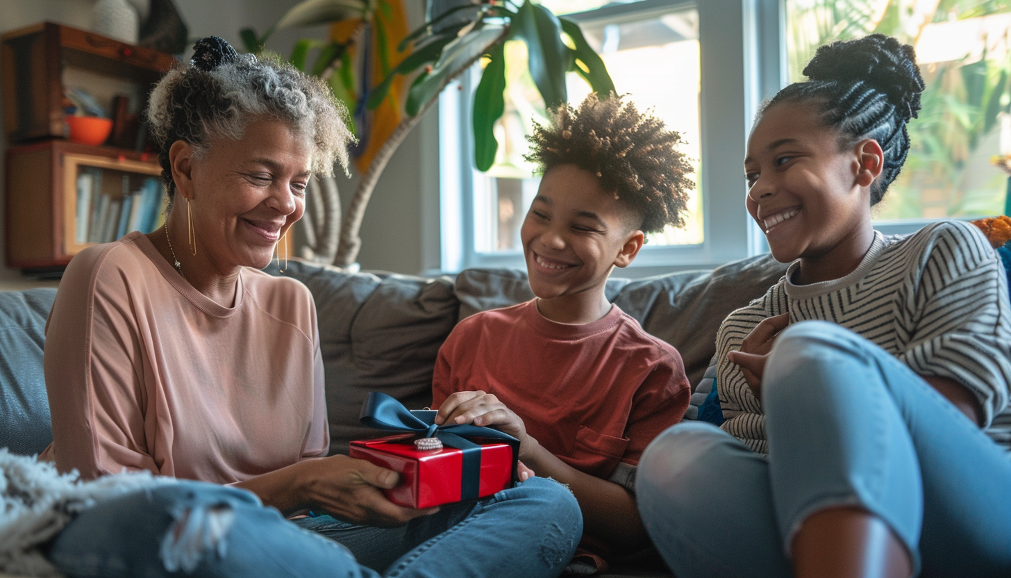 happy mother and teenage daughter and son sitting on the sofa at home. The teenage son is giving her mom a Mother's Day present in a small red box with a blue ribbon
