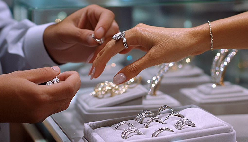 jewelry store salesperson selling a fashion ring to the female customer, who holds her hand with two fingers and wears rings on them