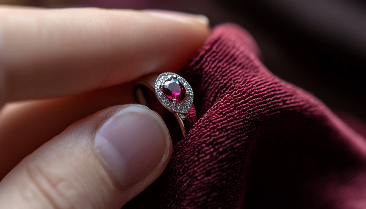 macro photo of a person's hand cleaning stainless steel ruby CZ ring with a burgundy cloth