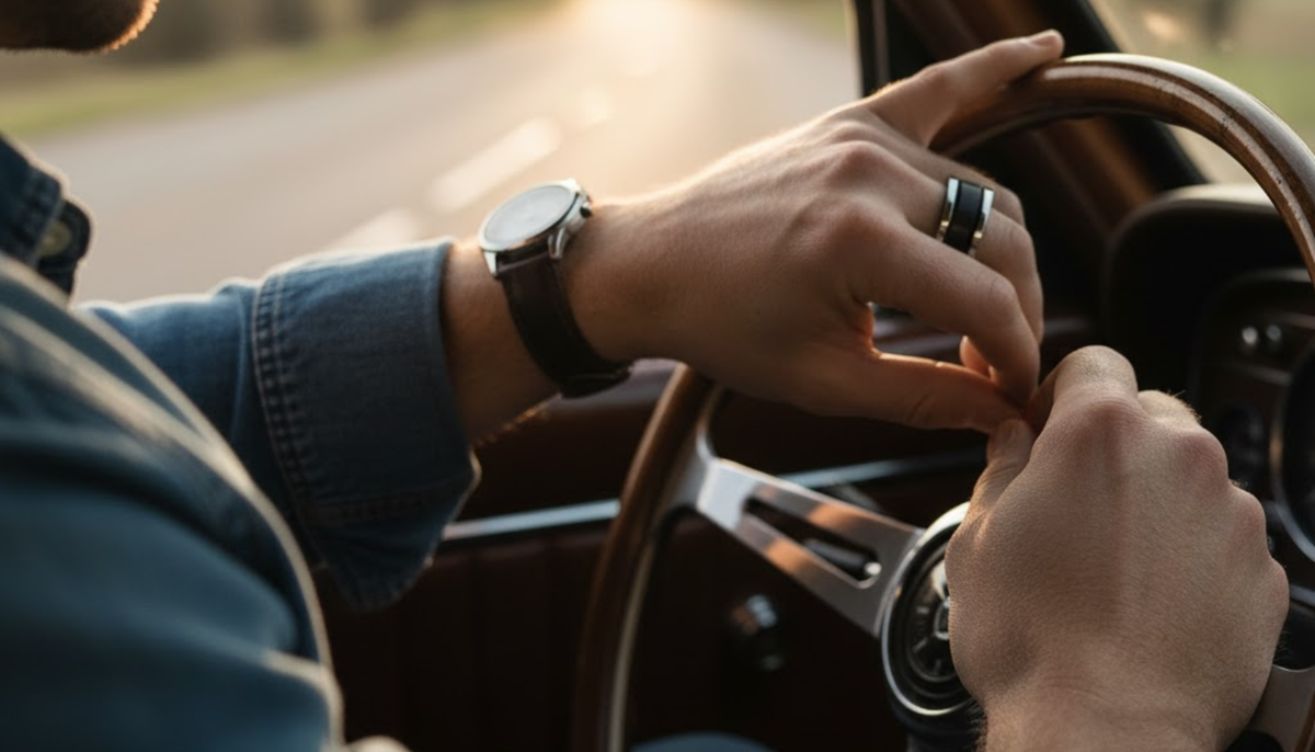 man driving wearing a black fashion ring
