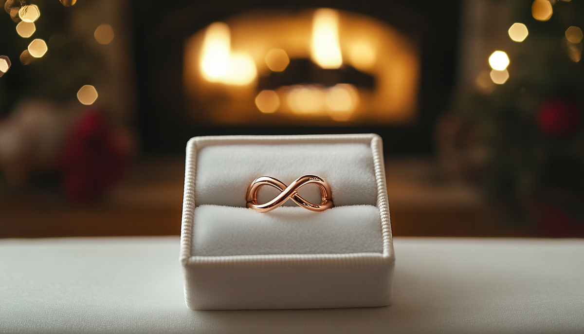 selective focus photograph of a minimalist infinity fashion ring in rose gold plating inside a white velvet ring box, with blurred christmas tree and fireplace in the background