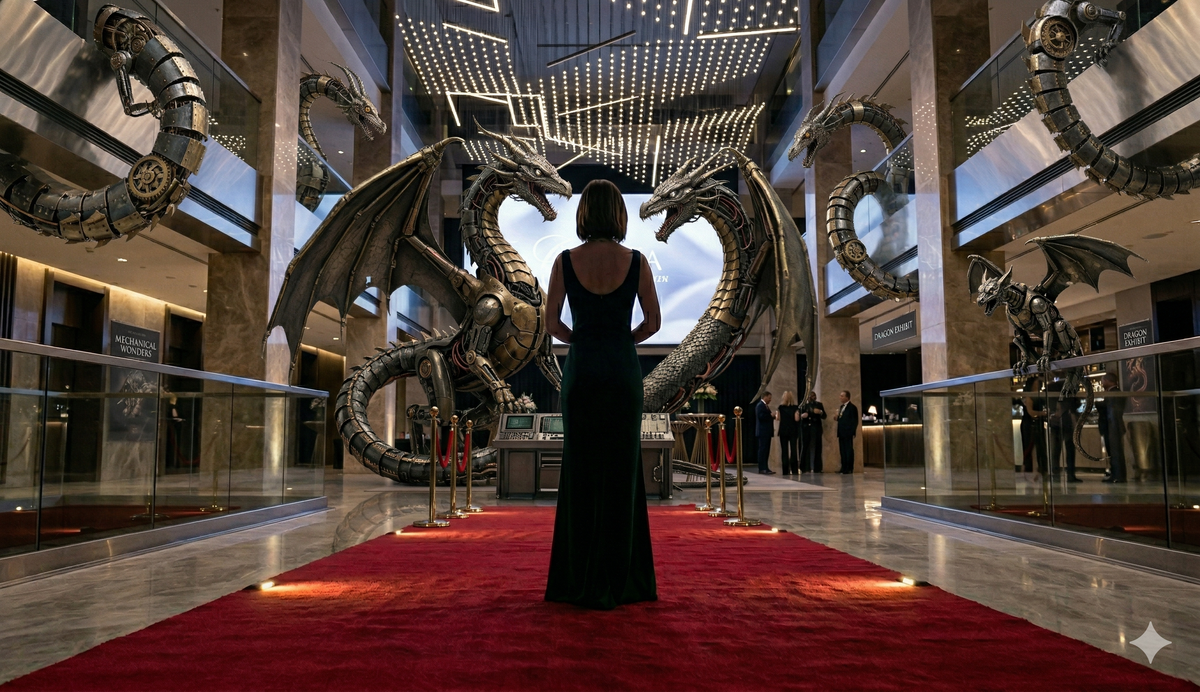 silhouette of a female actor her back at the camera in an events place with dragon animatronics