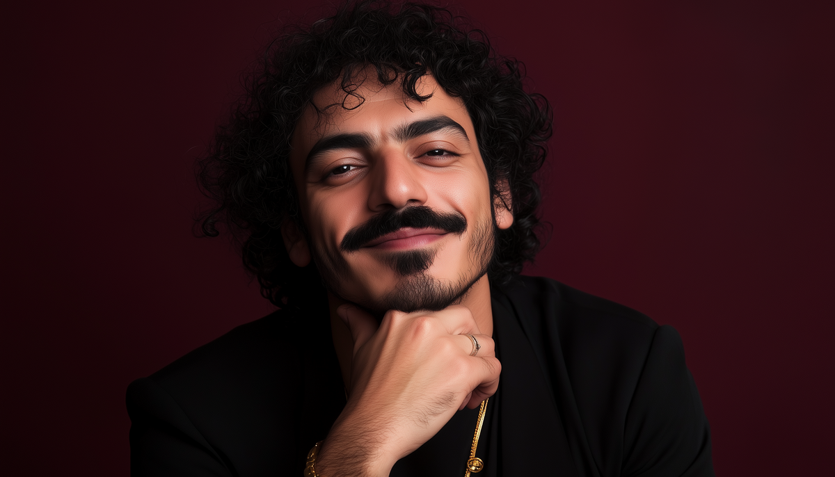 smiling Egyptian genderfluid male with curly hair and a mustache, wearing black and a minimalist stainless steel band. He is in front of a burgundy background, with his hand on his chin
