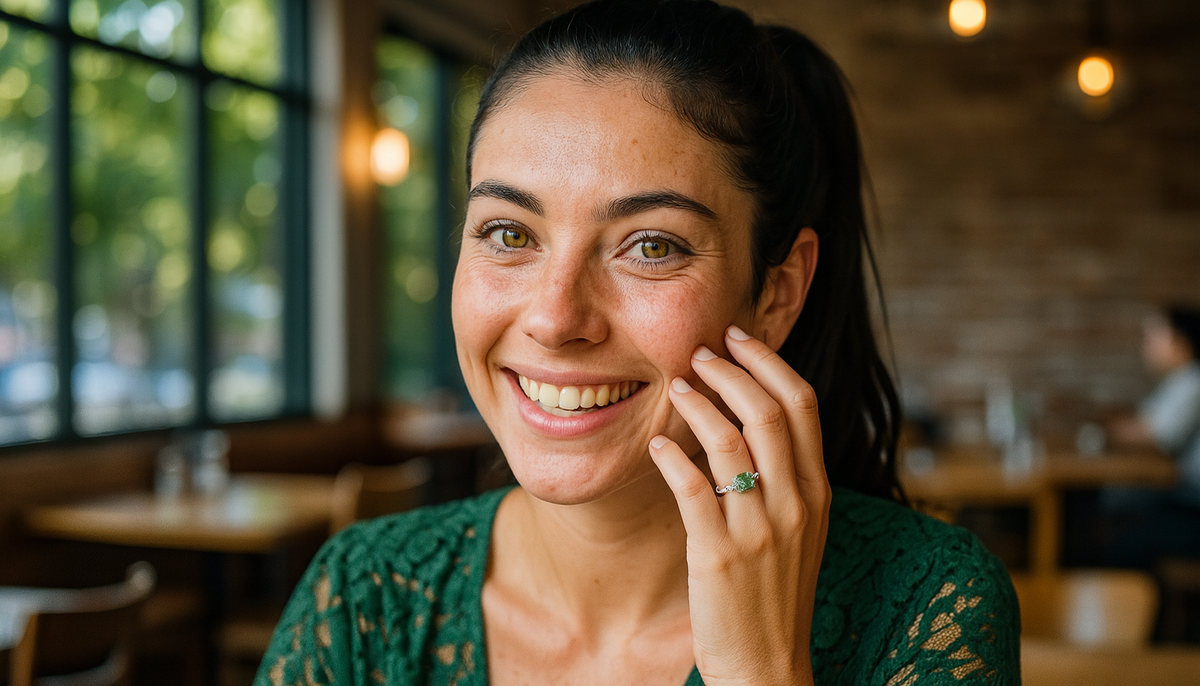 smiling brunette with her hair in a ponytail in a cafe wearing a green lace top and a peridot cz fasion ring
