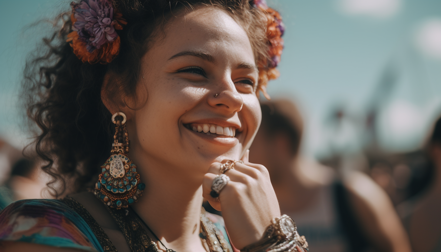 smiling curly haired woman at a spring music festival wearing charm bracelets and statement rings
