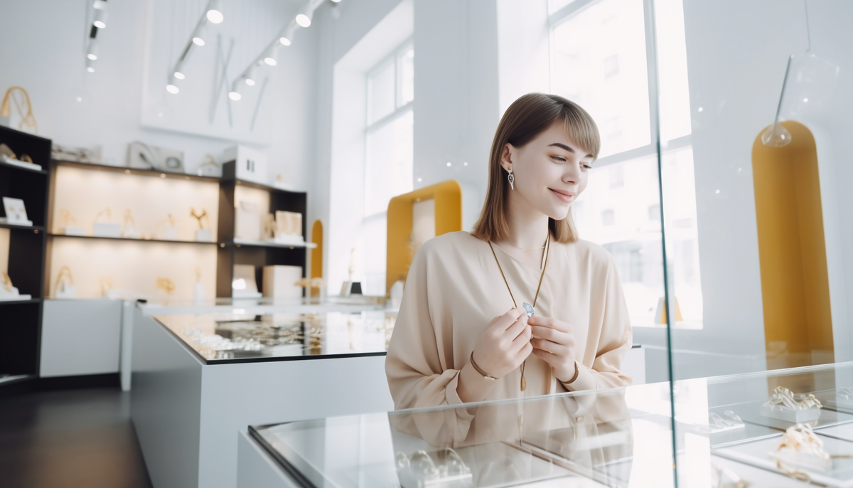 smiling female customer in a jewelry shop