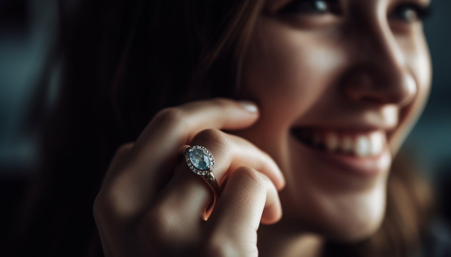 smiling woman wearing an aquamarine fashion ring on her finger