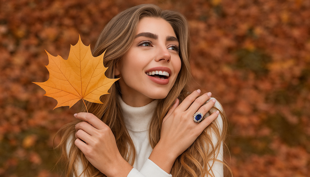 smiling young blonde woman holding an orange maple leaf and wearing CJG1503 Wholesale Stainless Steel Royalty Halo Ring
