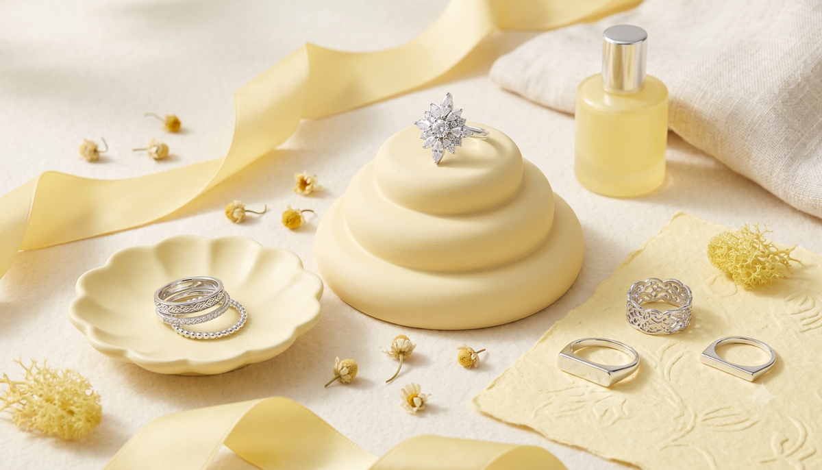 sterling silver rings on display on yellow ring trays and other yellow items