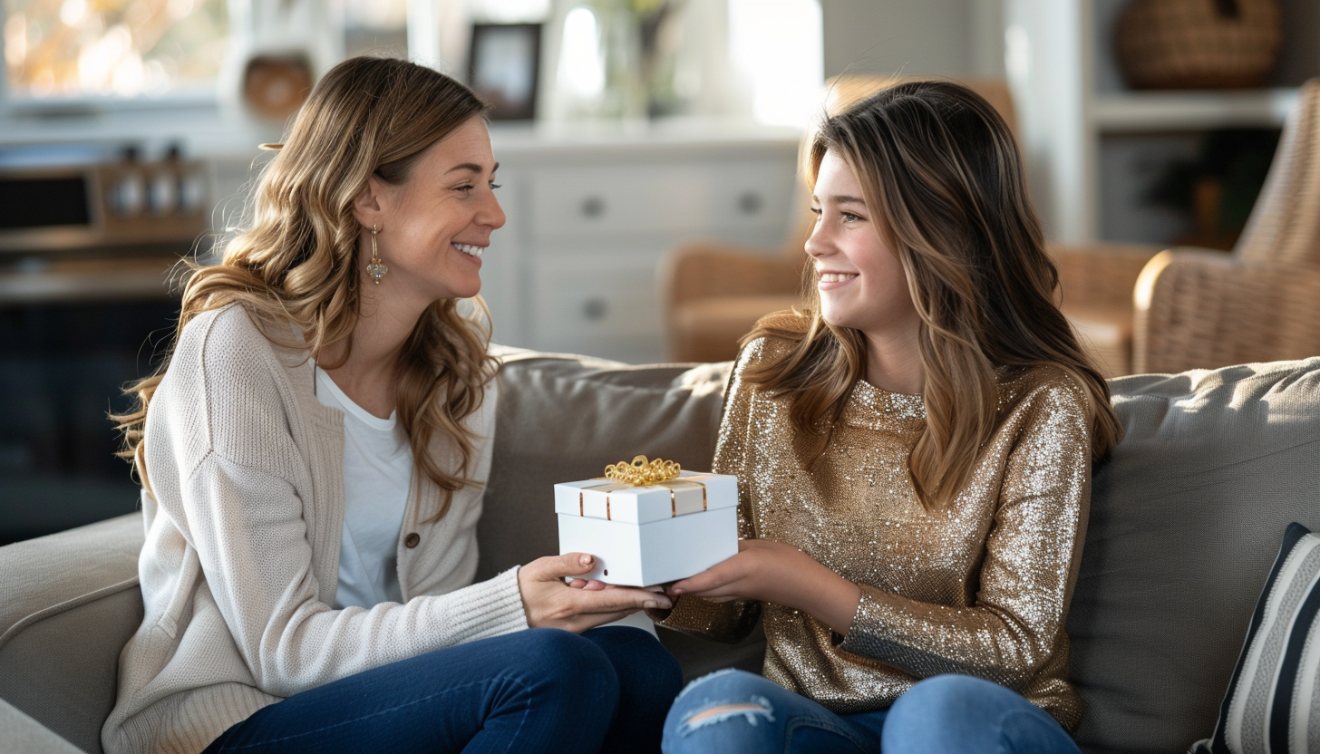 teenage girl handing her mom a Mother's Day gift both are sitting on a sofa