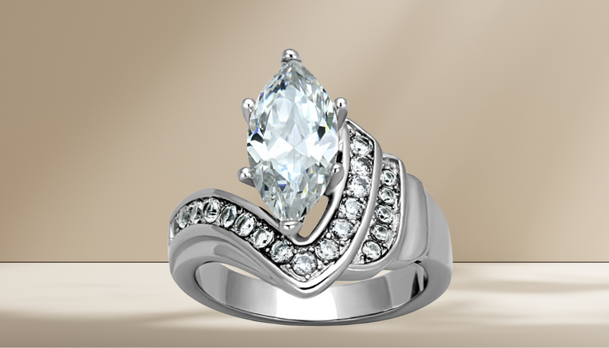 the CJG2095 Stainless Steel AAA Grade CZ Ring against a brown lit background