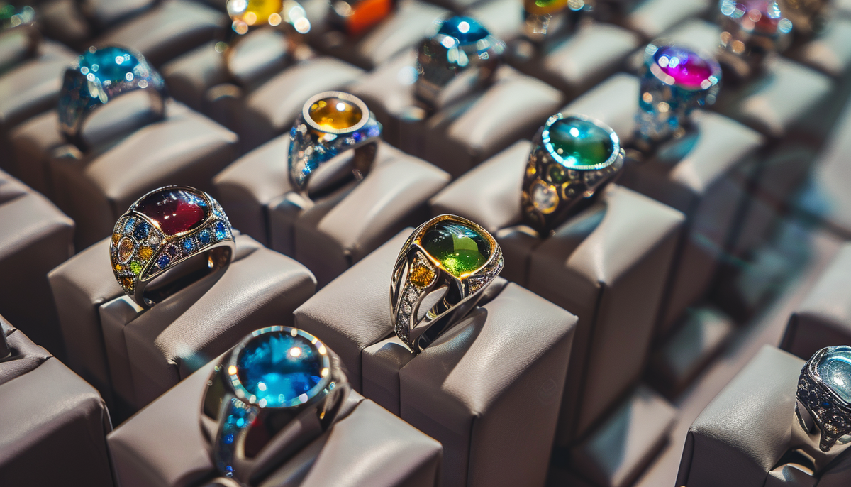 wholesale fashion rings with crystals individually placed on gray ring displays