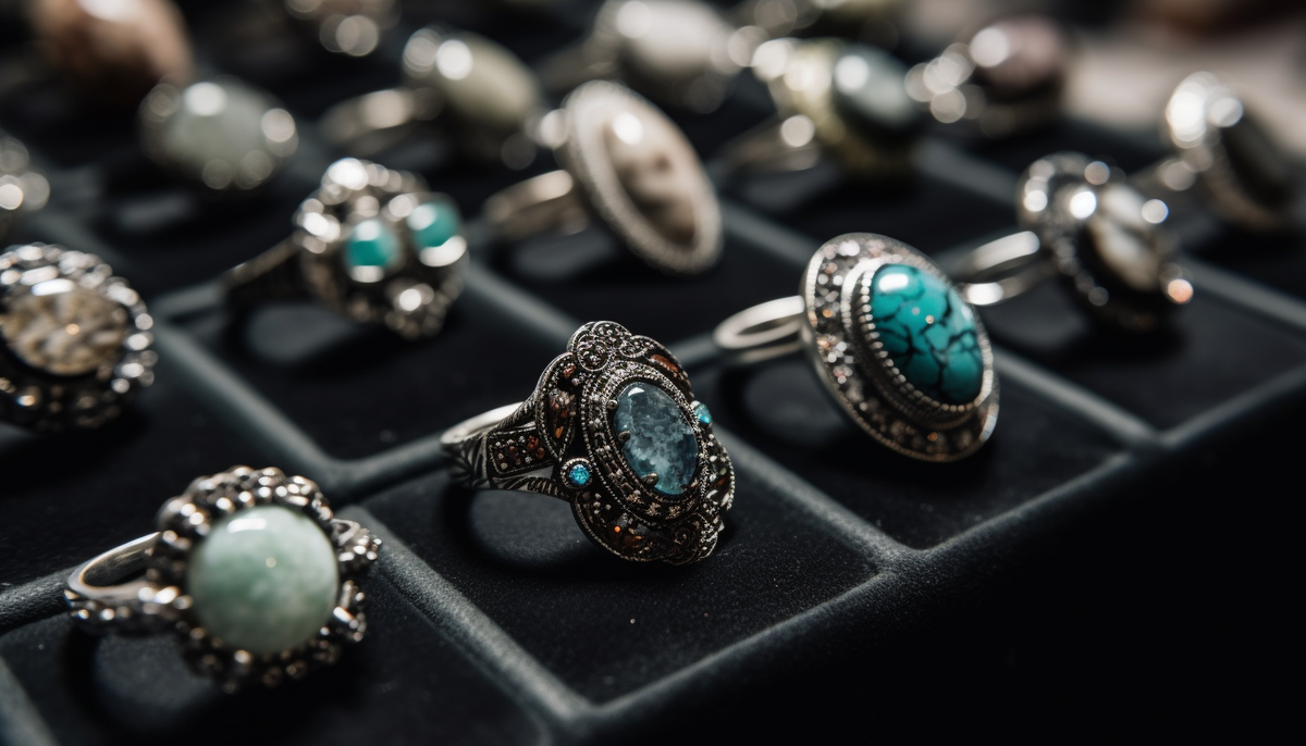 wholesale fashion rings with stone accents on a black velvet display