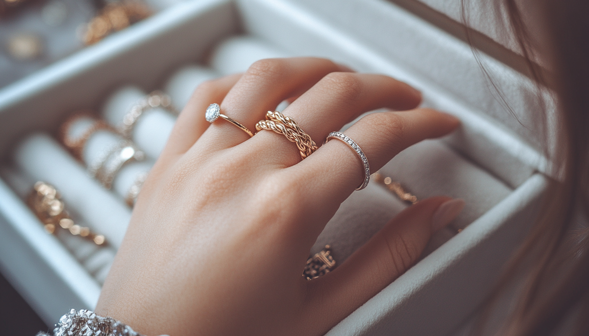 woman's hand is reaching into a jewelry box. On her finger, she wears different fashion rings